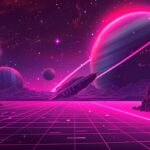 A retro futuristic space aesthetic laptop wallpaper with vibrant neon colors, showcasing a spaceship flying past a glowing planet and stars.