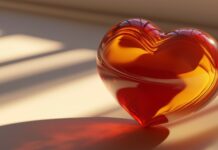 A single large 3D heart with a smooth, glossy surface, floating against a minimalist background, with soft lighting creating subtle reflections and depth.