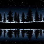 A star filled night sky reflecting on a calm lake, creating a mirror like effect with a dark forest silhouette.