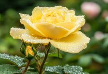 A vibrant close up of a blooming yellow rose wallpaper HD with dew drops glistening on its petals, capturing the freshness of spring.