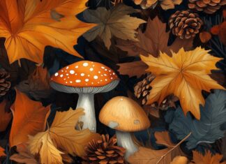 A whimsical autumn forest scene with cute mushrooms, pinecones, and tiny owls nestled among colorful falling leaves.