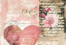 Aesthetic Valentine wallpaper with collage of vintage postcards, hand drawn hearts, and soft, faded floral patterns on a muted pink background.