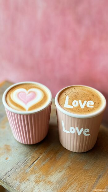 Cute Pink love wallpaper with with a heart shaped latte art design on top, placed next to another cup with Love written in foam, against a cozy café backdro.