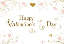 Elegant Happy Valentines Day text on a white and blush background, with intricate gold floral designs framing the words.