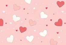 Happy Valentine Day Background with a seamless pattern of small white and red hearts on a soft pink background, clean and modern aesthetic.