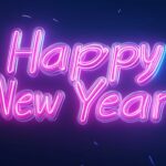 Royal blue background with glowing neon Happy New Year text in vibrant pink and cyan neon colors.