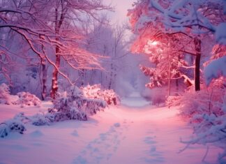 Scene wallpaper with winter snowy path through a forest.