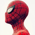 Side profile of Spiderman face with a plain white background.