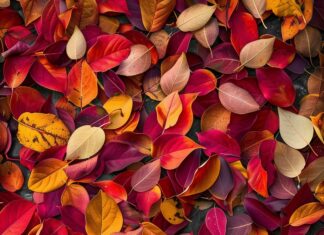 Vibrant fall leaves scattered on the ground with a mix of red, orange, and yellow hues, Autumn phone wallpaper.