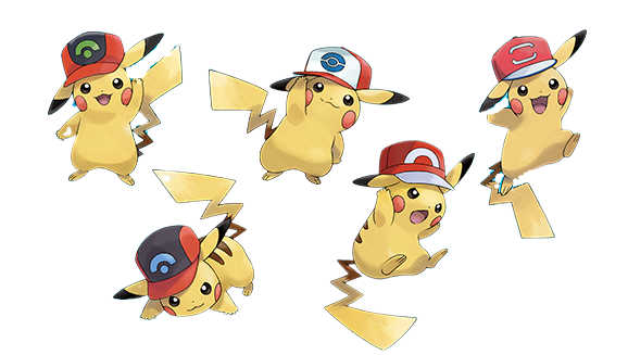 Pikachu characters wearing hats, animated Pokémon, cute electric mouse, popular franchise mascot, iconic video game character, Pikachu PNG