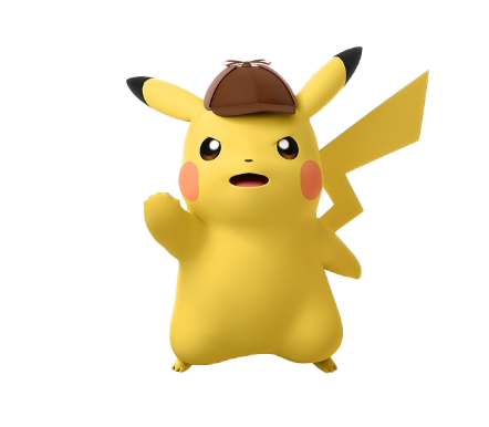 Detective Pikachu character, animated Pokémon figure, yellow mouse Pokémon, mystery-solving Pikachu, Pikachu PNG