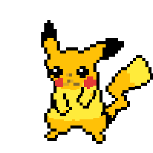 Pikachu pixel art character, yellow electric mouse, retro gaming icon, animated Pokémon figure, Pikachu PNG