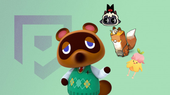 games like animal crossing - Tom Nook pointing at three characters on a green background