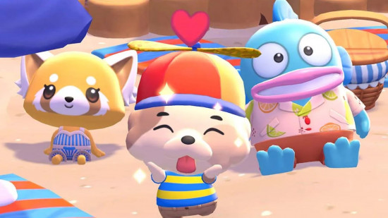 games like animal crossing - hello kitty island adventure characters sat on a beach wearing colorful clothes