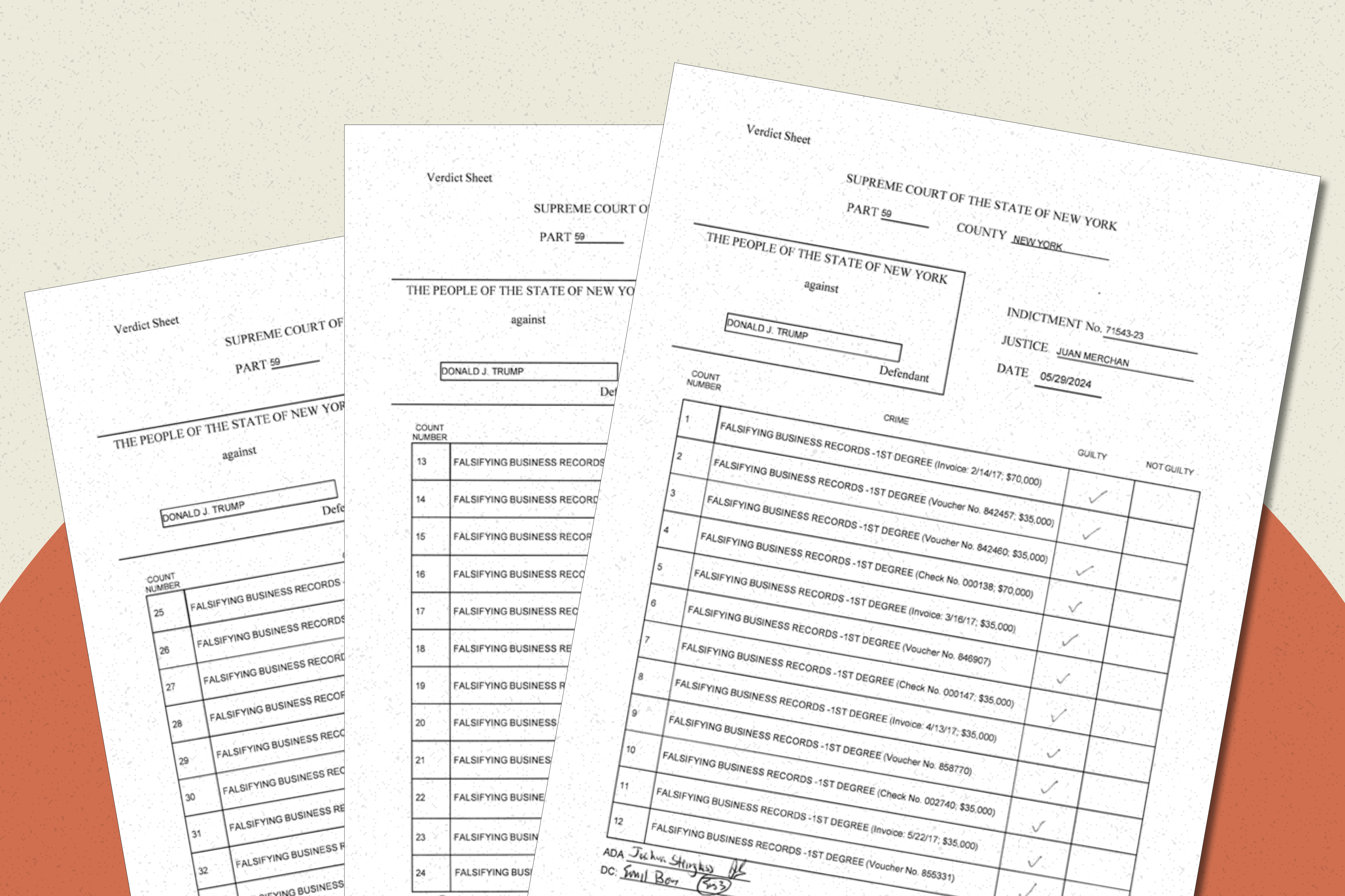 Illustration of the jury’s verdict sheet in Donald Trump’s hush money trial.