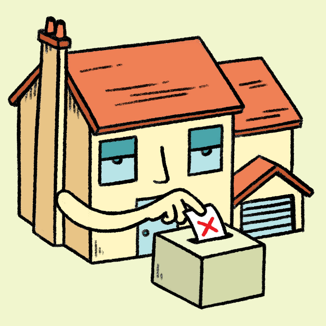 An illustration of a suburban house placing a ballot into a voting box.