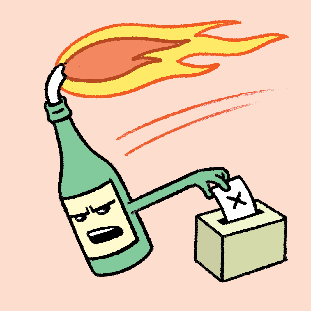 An illustration of a Molotov cocktail placing a ballot in a voting box.