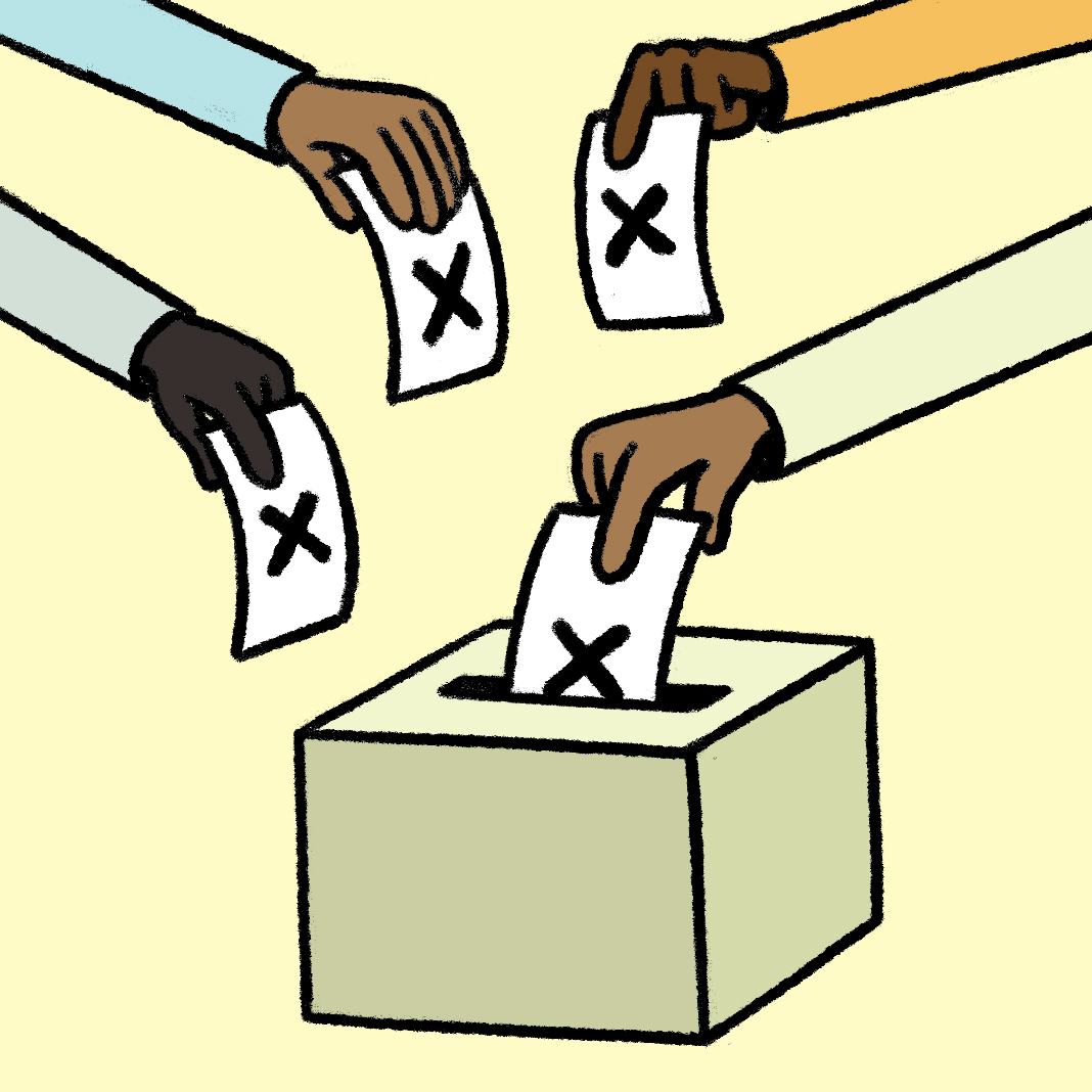 An illustration of hands with diverse skin tones placing ballots in voting boxes.