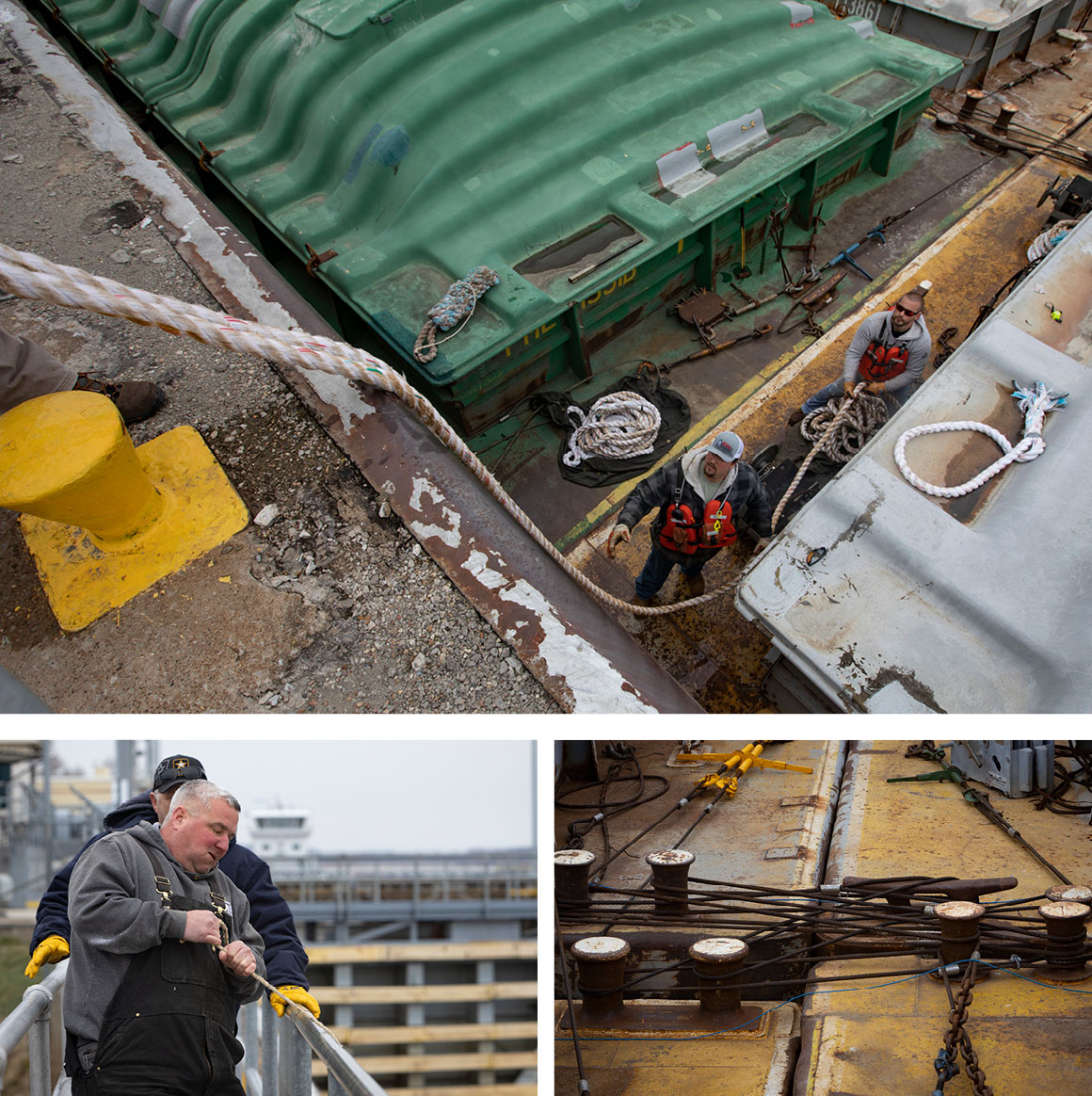 Clockwise from top: Deckhands secure barges; Barges are coupled together; Matt Kappen, right, grabs a line while lock master Antony Reis rushes to assist after a group of barges broke loose from the lock wall.