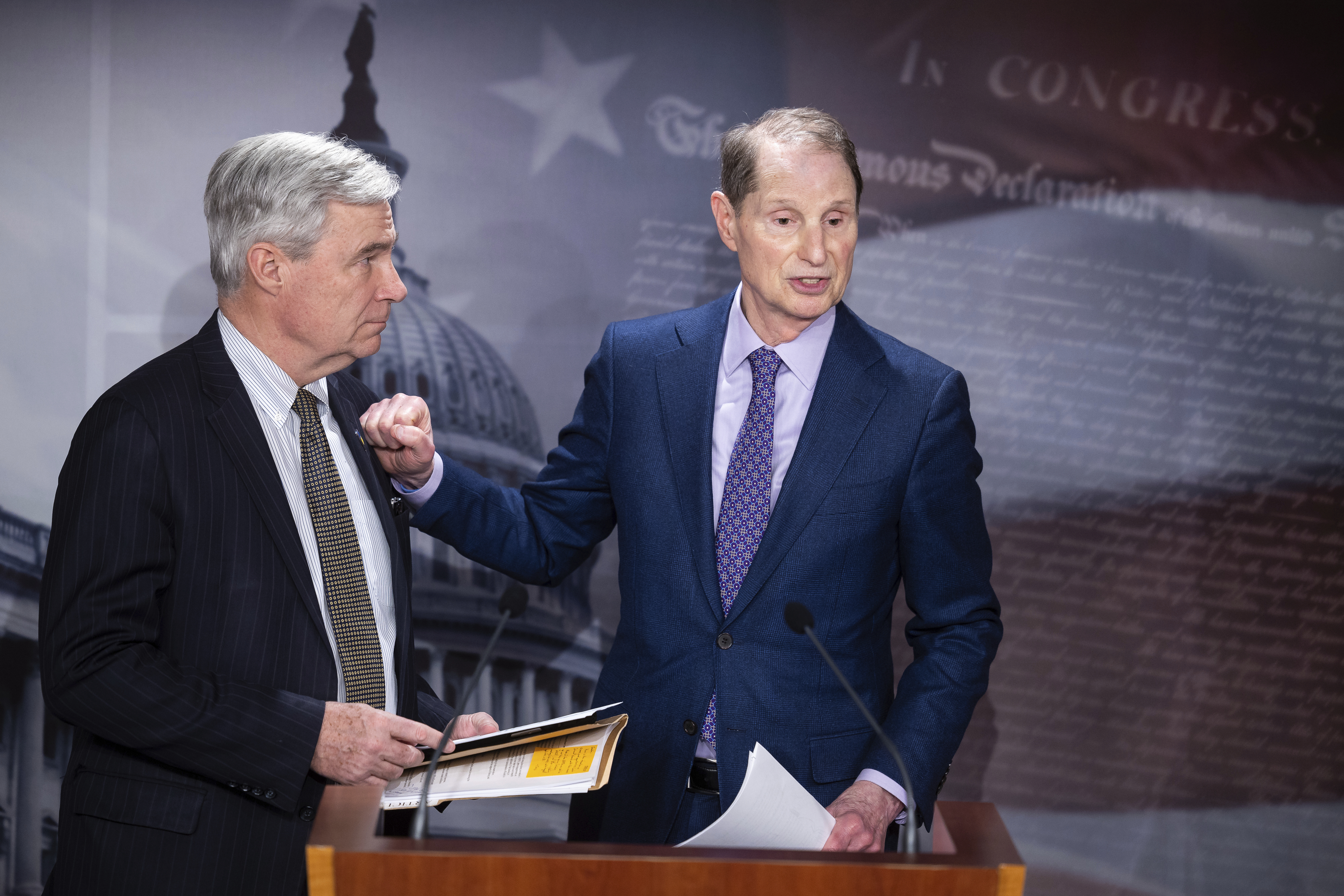 Senators Sheldon Whitehouse and Ron Wyden take part in a press conference.