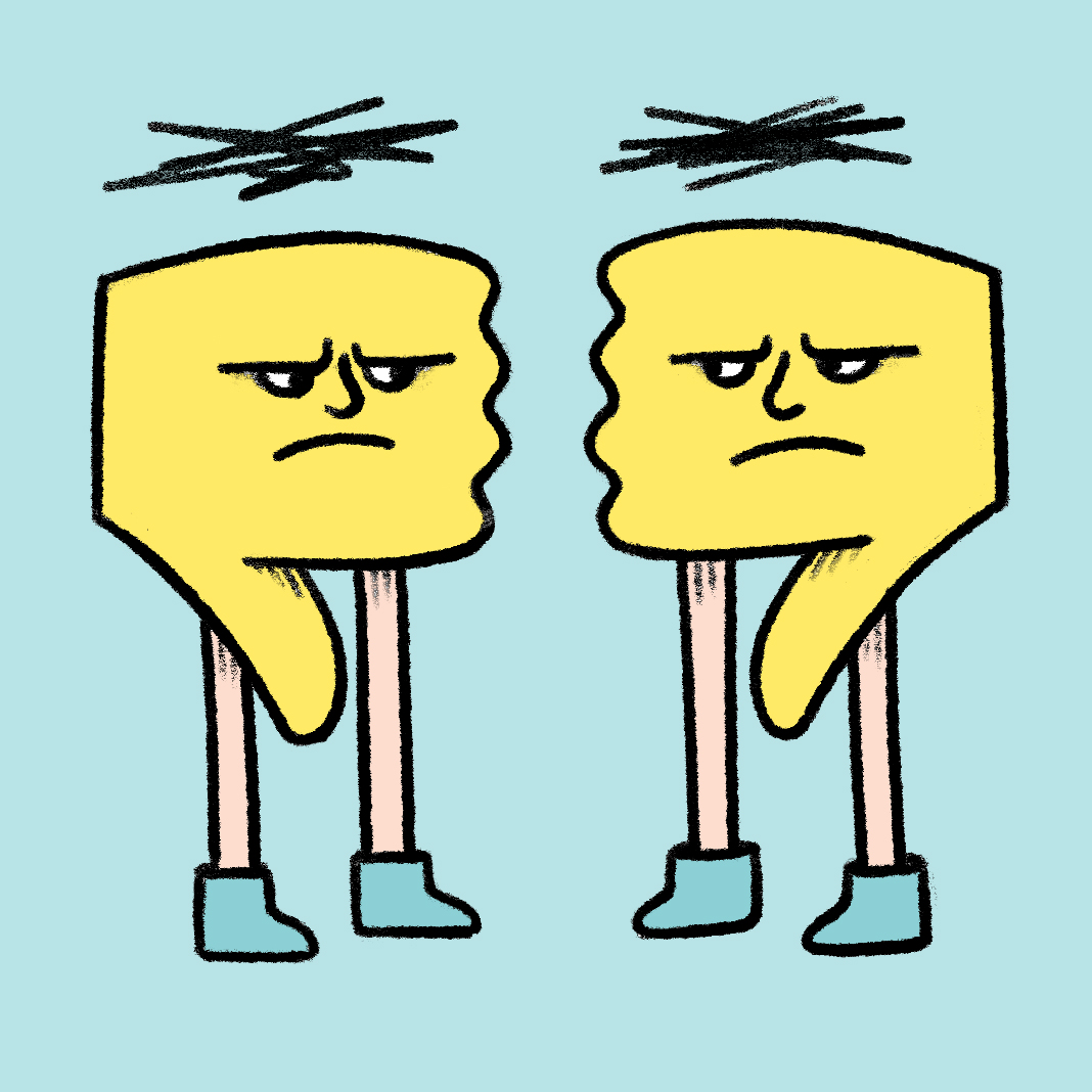 An illustration of two thumbs down with angry faces.