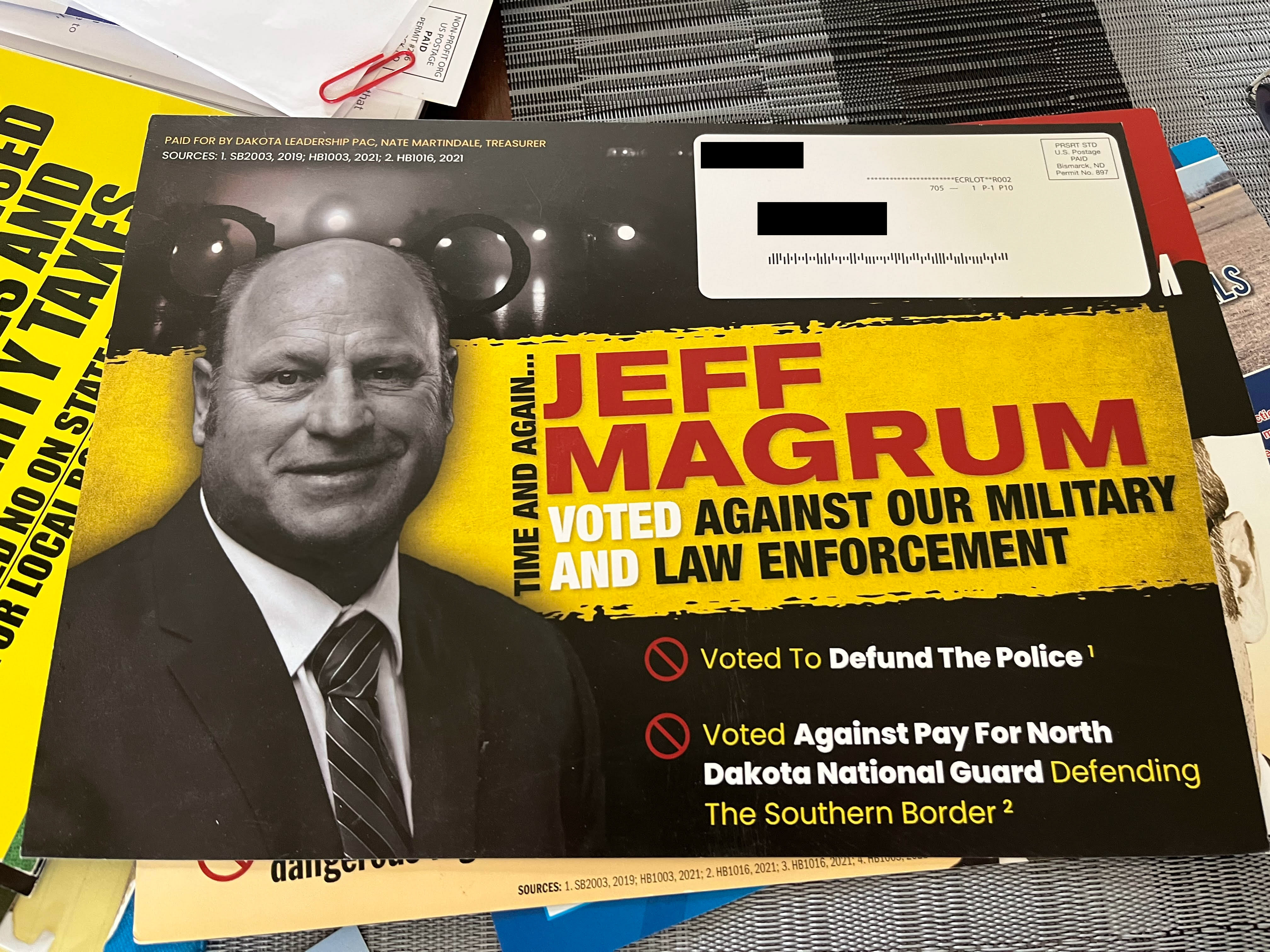 An anti-Jeff Magrum mailer, focused on the military and law enforcement, is seen.