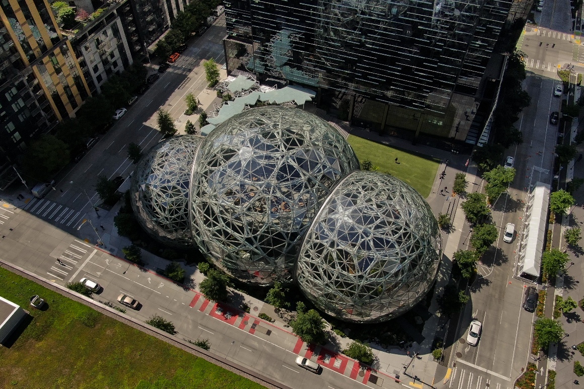 SEATTLE, WA - MAY 20: An aerial view of the Spheres at the Amazon.com Inc. headquarters on May 20, 2021 in Seattle, Washington. Five women employees sued Amazon this week, alleging discrimination and retaliation. 