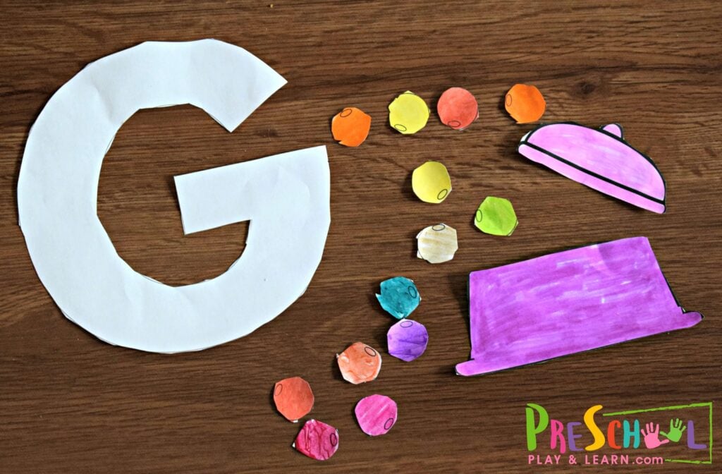 Glue together g is for gumball, letter g craft for toddler, preschool, and kindergarten kids.