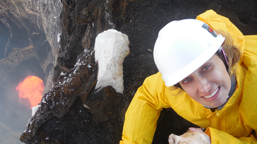 Rosaly Lopes above one of the lava lakes at Ambrym, an exceptionally active volcano in the Pacific island nation of Vanuatu.