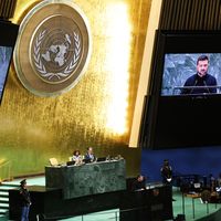 Le président ukrainien Volodymyr Zelensky s'exprime lors de l'Assemblée générale des Nations Unies au siège de l'ONU le 25 septembre 2024 à New York