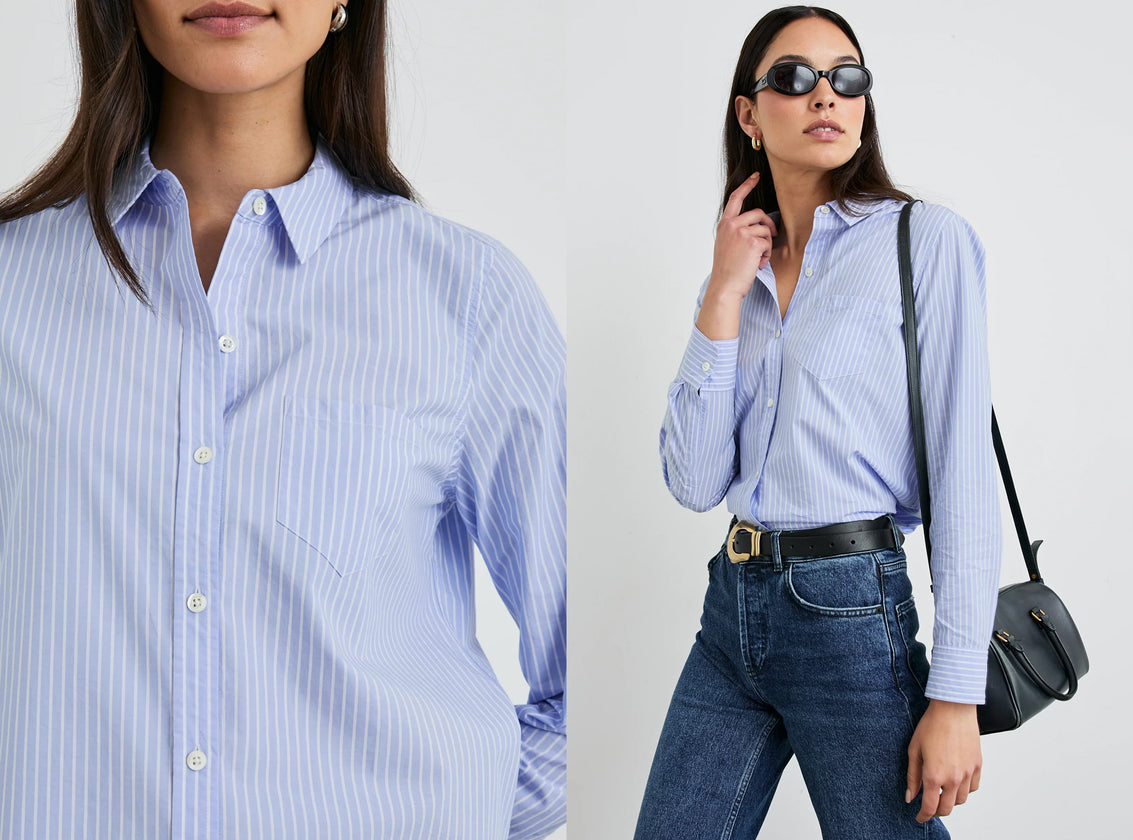 TWO SIDE BY SIDE IMAGES OF MODEL WEARING STINA SHIRT IN OXFORD WHITE STRIPE
