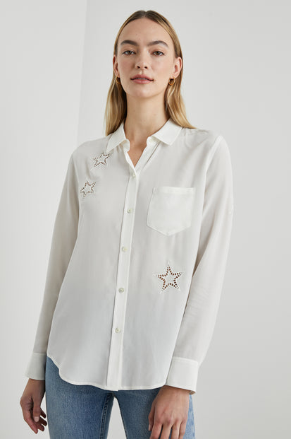 KATE SHIRT IVORY EYELET STARS - FRONT UNTUCKED