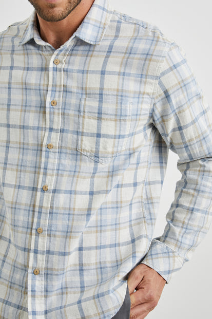 WYATT SHIRT OAT DENIM HEATHER- FRONT DETAILS