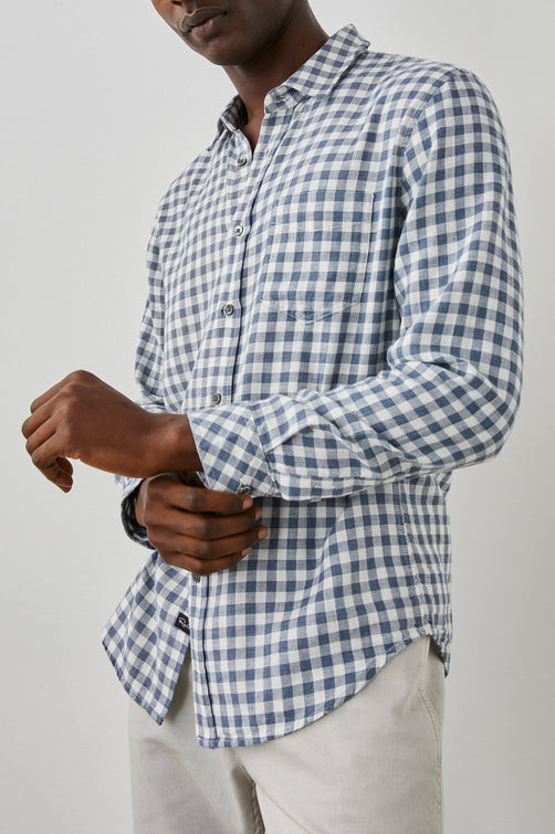 WYATT SHIRT NAVY GINGHAM MELANGE - SIDE ANGLE