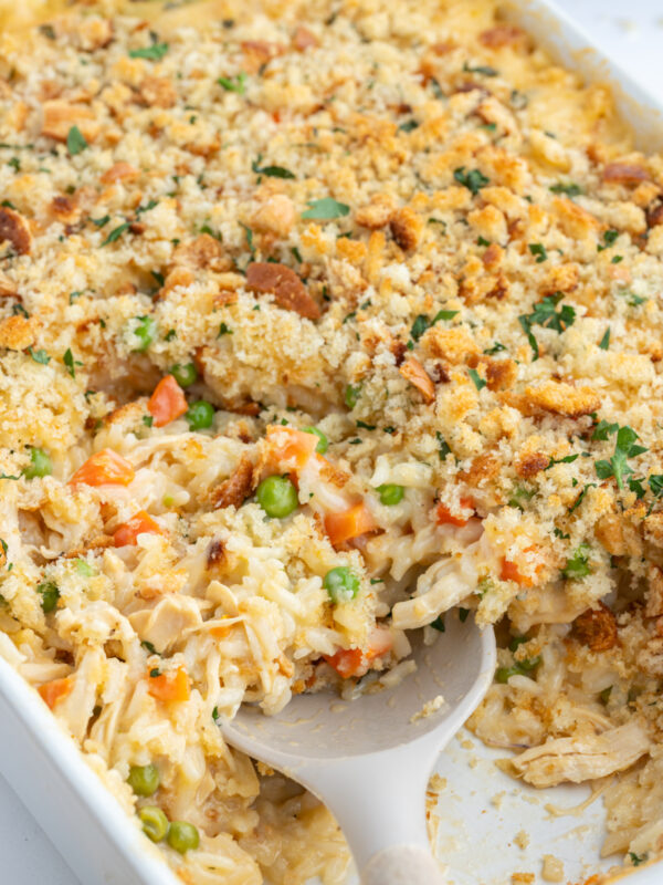 casserole dish full of creamy chicken and rice casserole