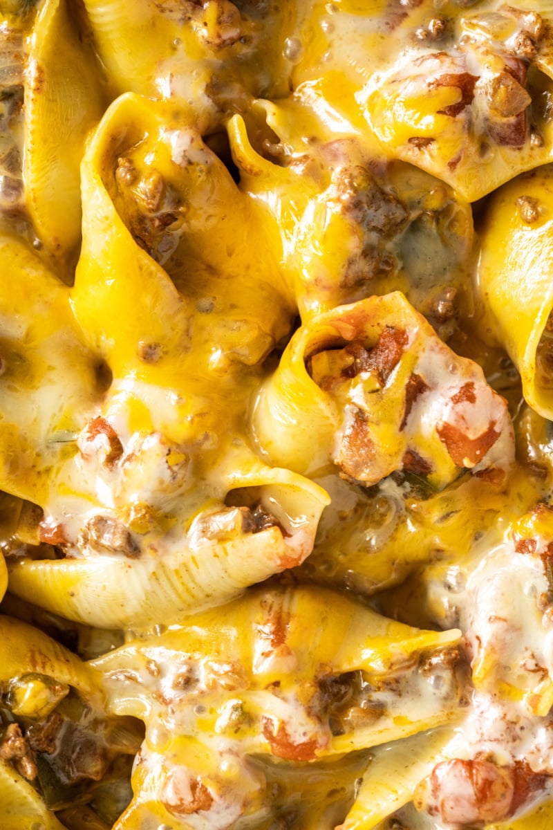 close up of cheesy taco stuffed shells