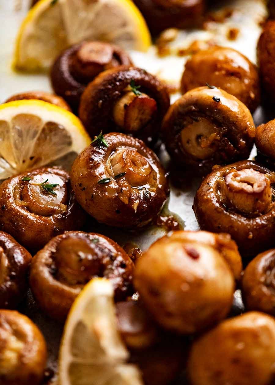 Close up of Garlic Butter Roasted Mushrooms