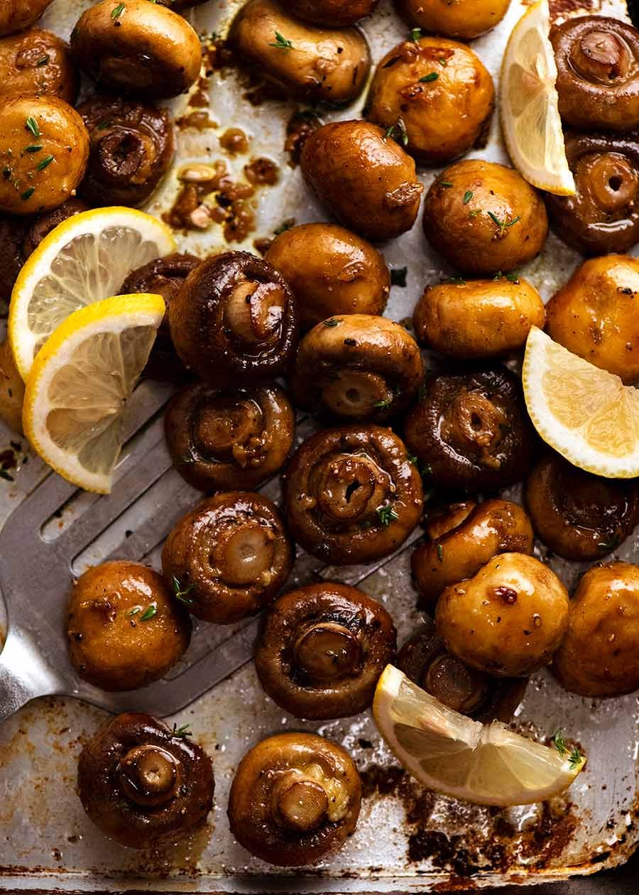 Overhead photo of Garlic Butter Roasted Mushrooms