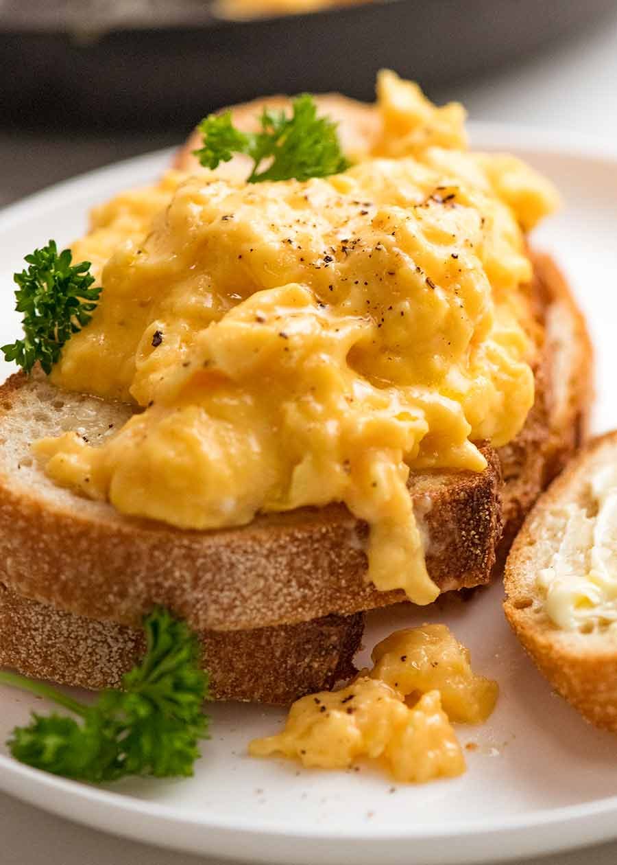 Close up of soft Scrambled Eggs on toast