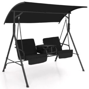 happygrill 2 person porch swing with canopy, outdoor patio swing with center tray & 6 gal cooler bag, 2 back cushions & 2 seat cushions included