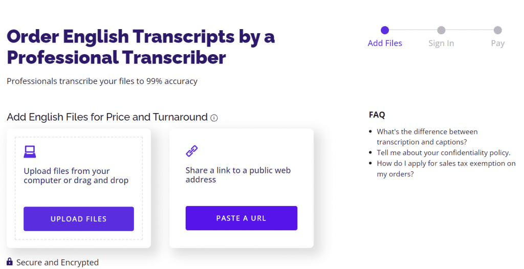 Image of the Rev Transcription services checkout screen.