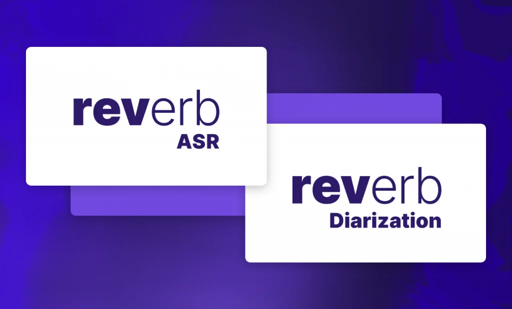 Logos of Reverb ASR and Diarization, new open-source models from Rev, overlapping on a purple gradient background.