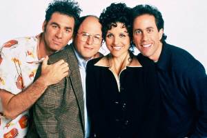 SEINFELD -- Season 9 -- Pictured: (l-r) Michael Richards as Cosmo Kramer, Jason Alexander as George Costanza, Julia Louis-Dreyfus as Elaine Benes, Jerry Seinfeld as Jerry Seinfeld  (Photo by Andrew Eccles/NBCU Photo Bank/NBCUniversal via Getty Images via Getty Images)