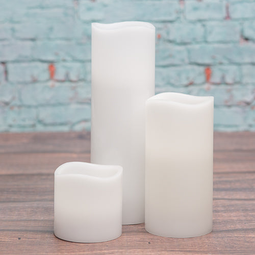 Richland Flameless LED Wavy Top Pillar Candles 3"x3", 3"x6" & 3"x9" White Set of 3