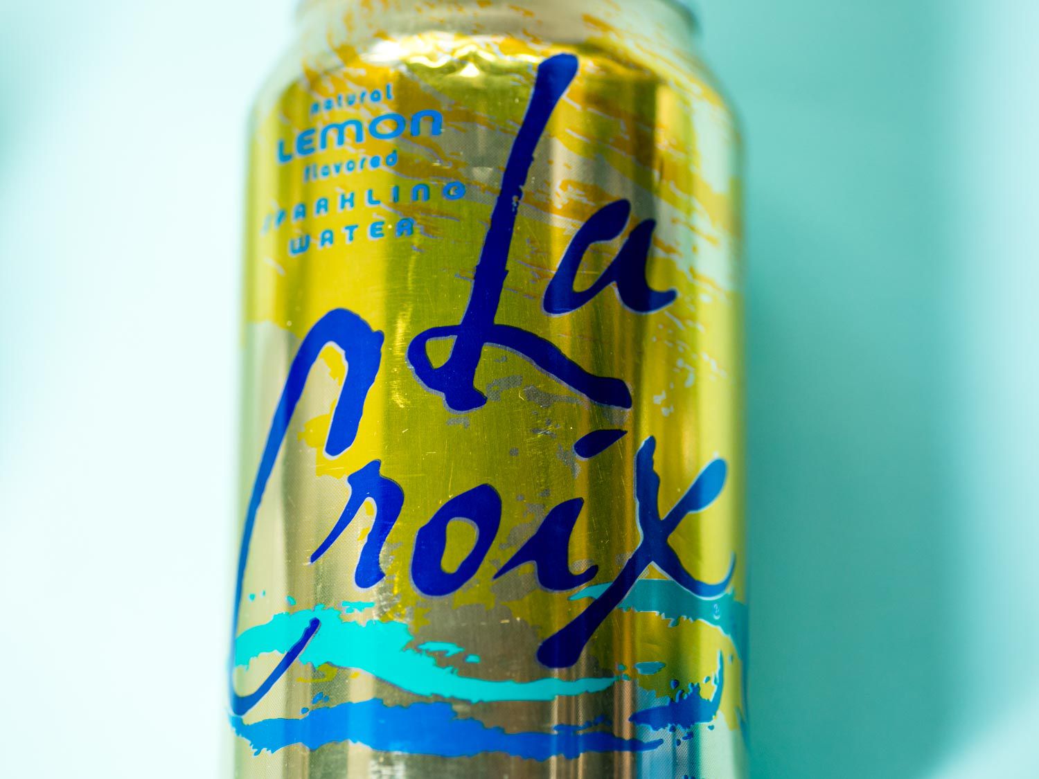 Close-up of a can of lemon-flavored LaCroix.