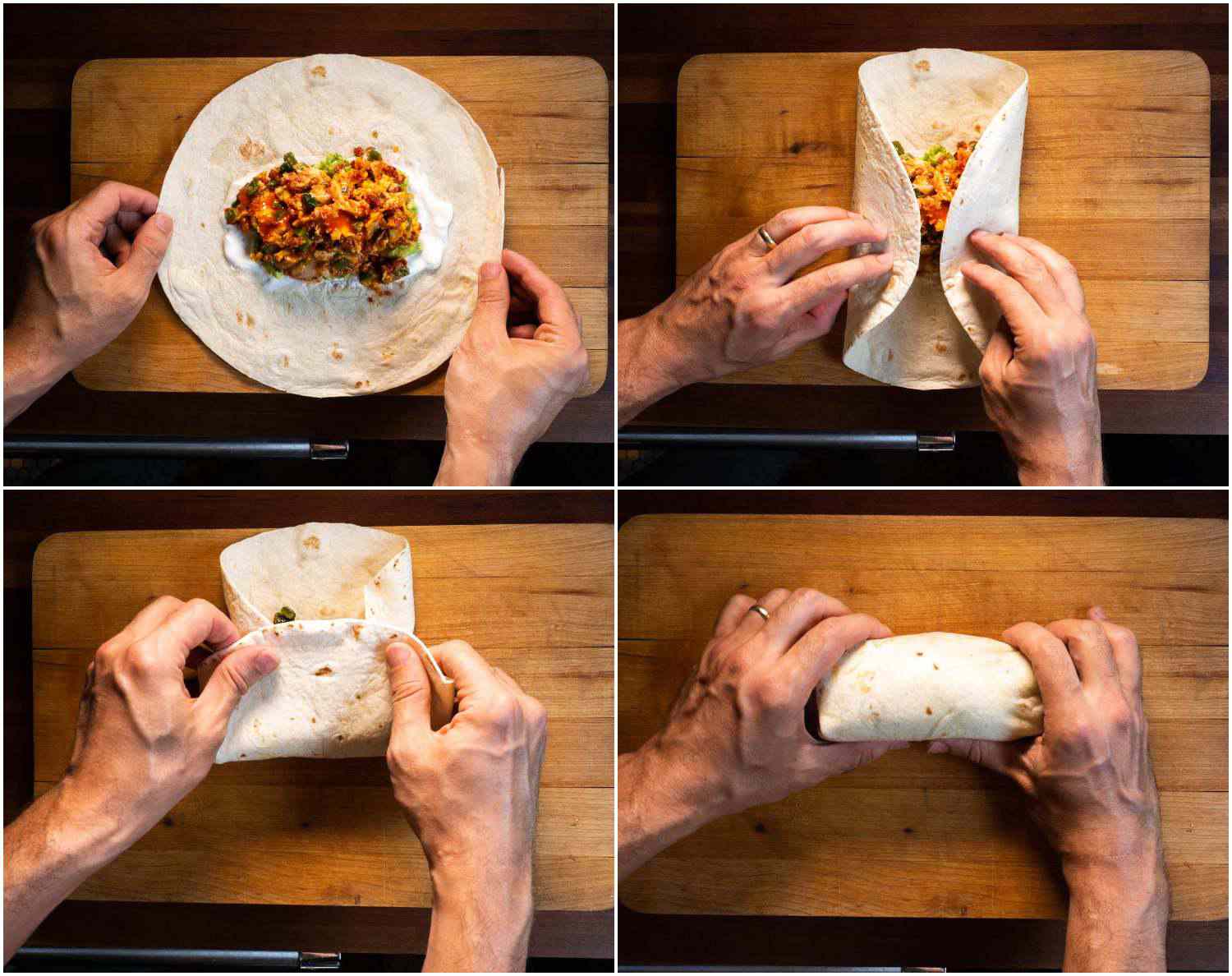 Collage of folding up a burrito by folding the sides in towards the center and then rolling the burrito up to seal it