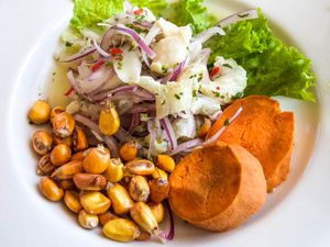 A platter of ceviche and accompaniments.