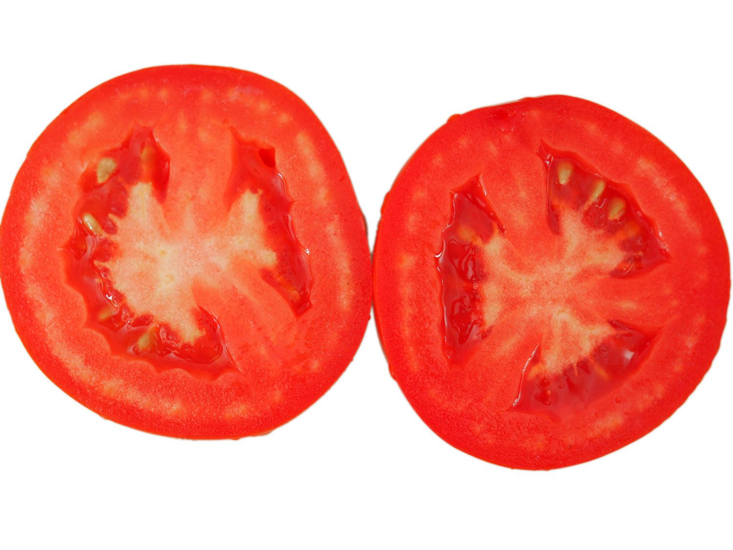 Two plum tomatoes with their tops cut off so you can see inside. The refrigerated plum tomato is on the left, and its countertop counterpart is at right.