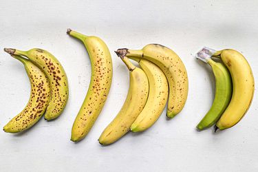 A series of bananas on a white background showing different stages of ripeness.