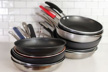 Best nonstick skillets stacked on white counter